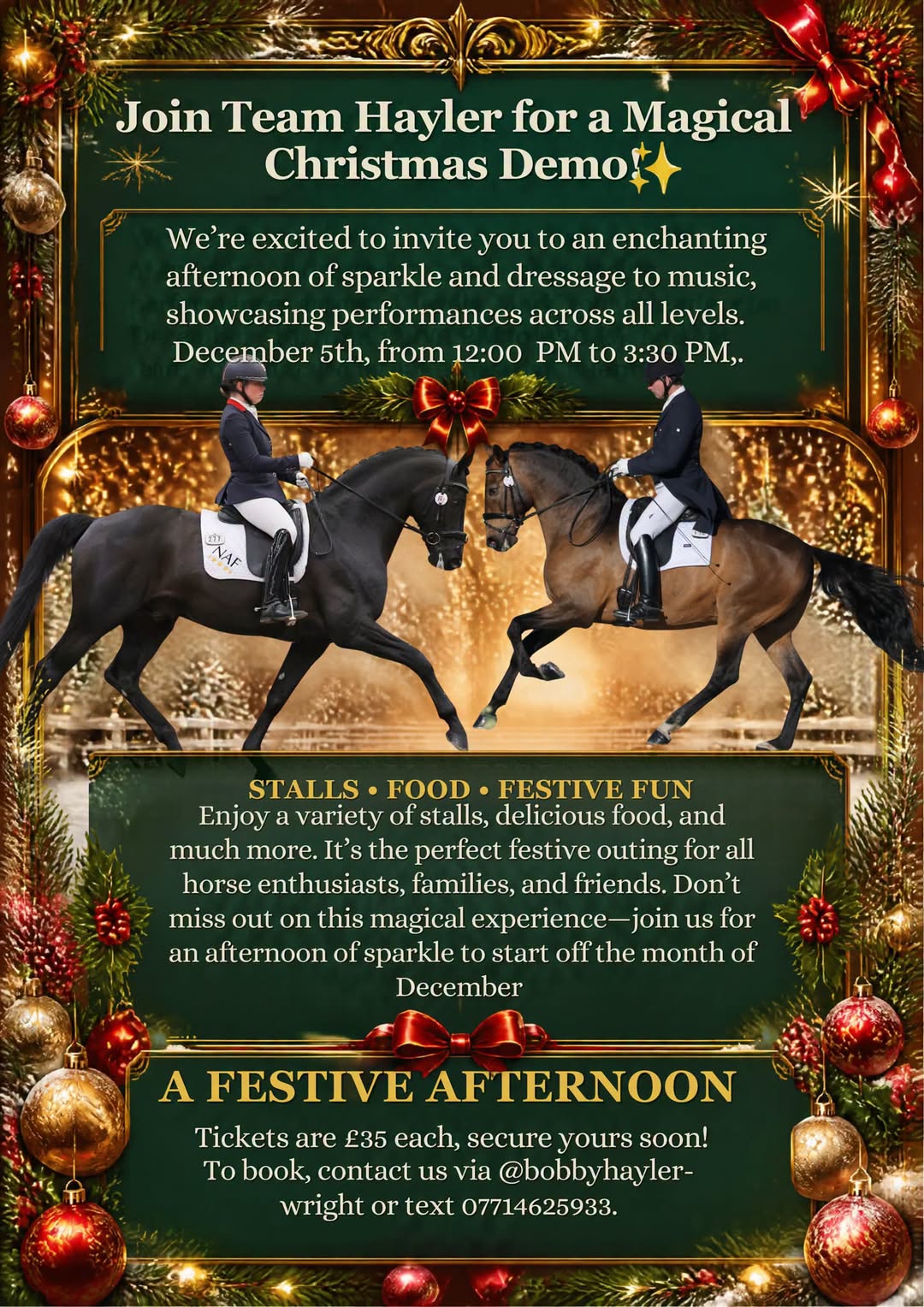 Magical Christmas Demo poster with event details, festive decorations and dressage horses